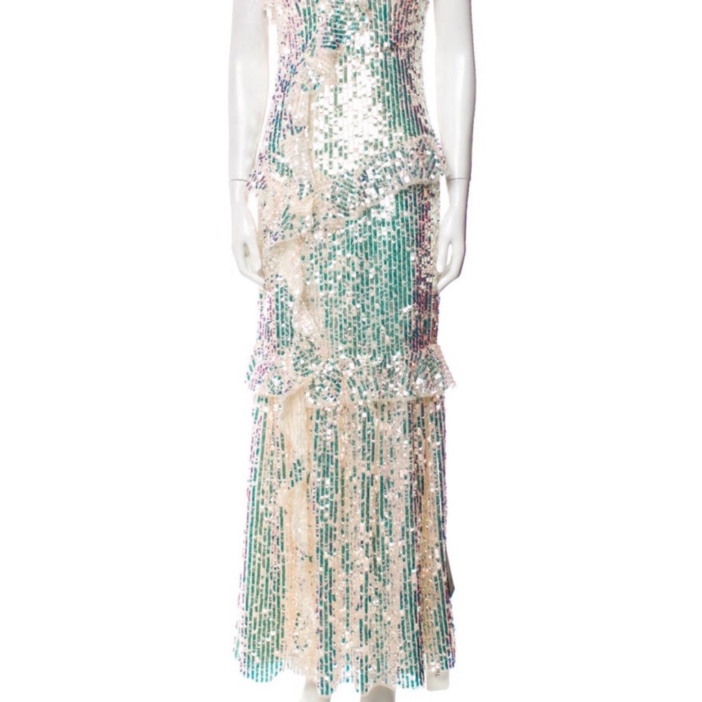 Needle & Thread Sequin Dress In Green And Cream